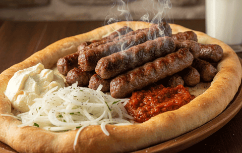 Cevapi köfte, közlenmiş biber sosu, soğan ve kaymak ile pide üzerinde servis